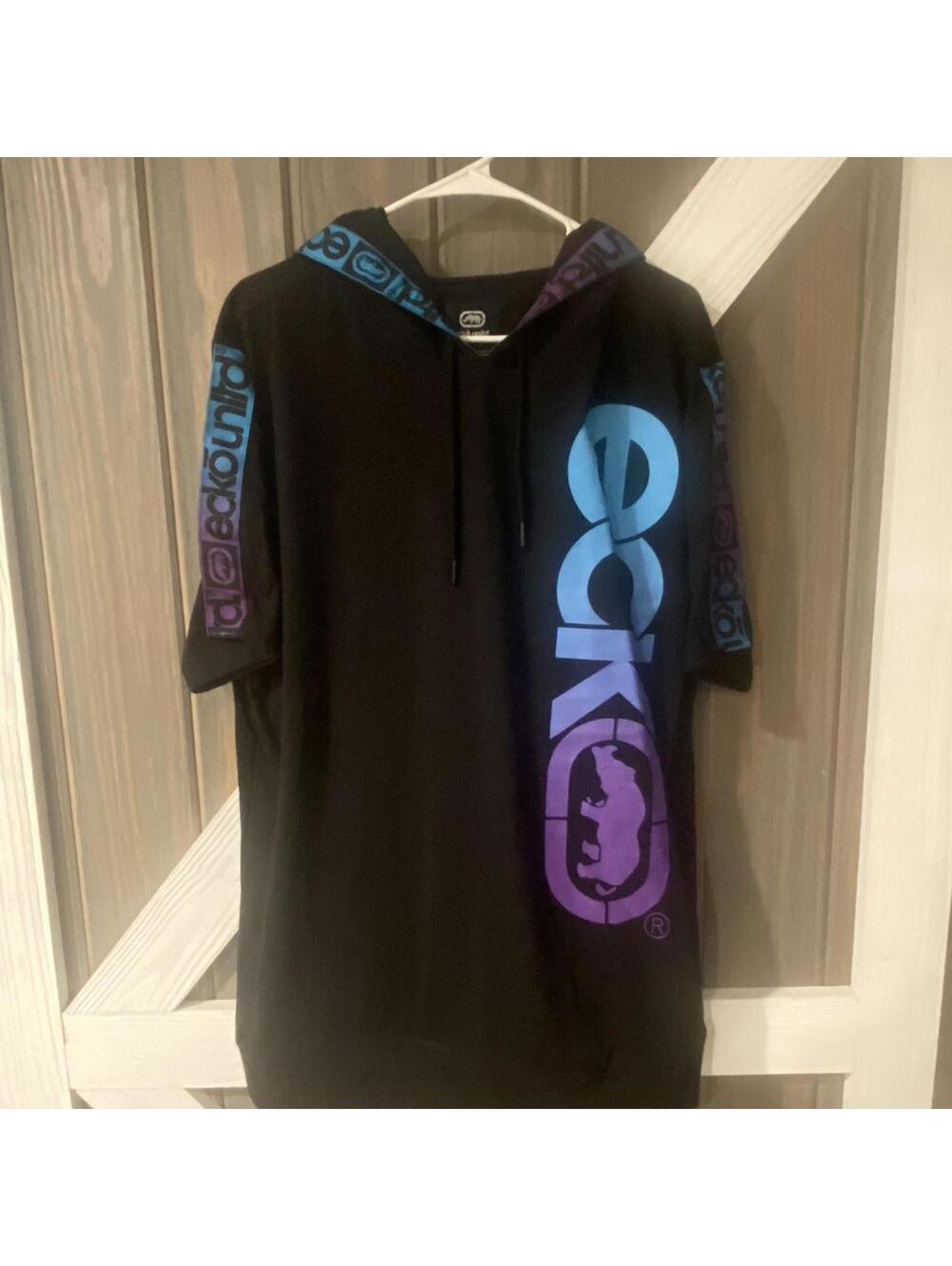 Ecko Unltd. Black Short Sleeve Hoodie w/ Blue Graphic - XL